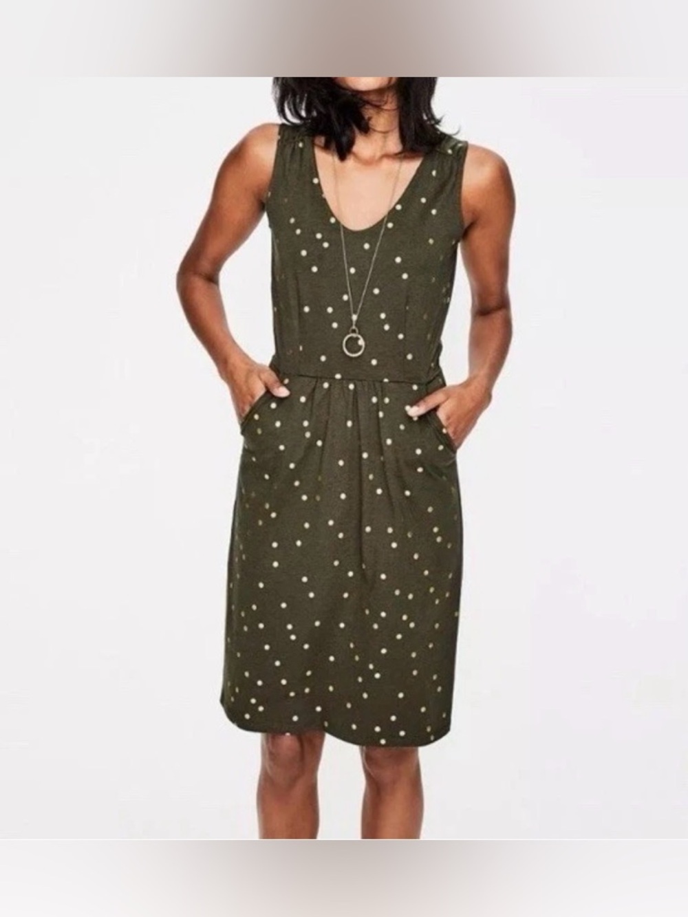 Boden Olive Green Midi Dress with Gold Polka Dots sz 2P